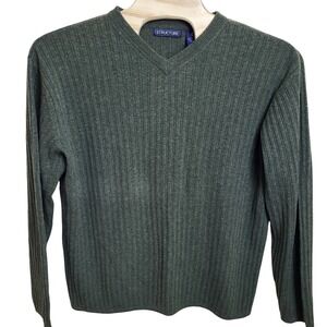 Structure Mens XL Ribbed V Neck Long Sleeve Sweater Green Wool Blend Winter Warm